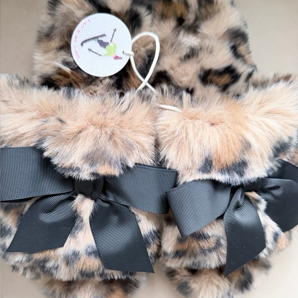 Anthropologie Maeve Leopard Print Furry Slippers with satin Black Bow